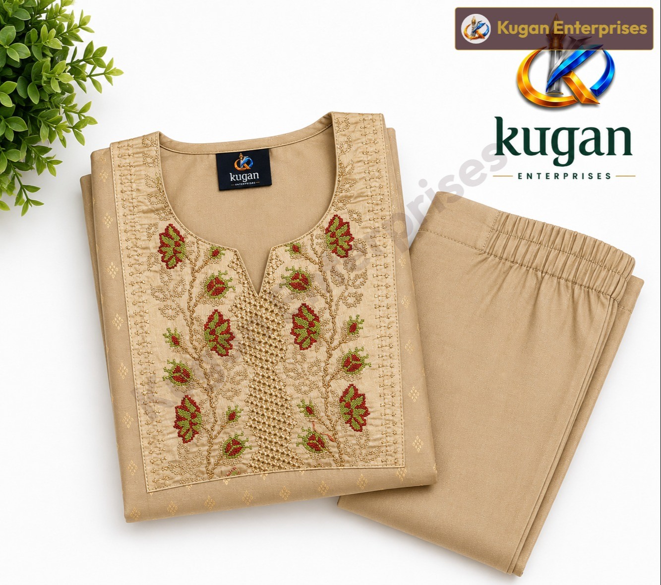 Beige Floral Embroidered Straight Kurta Pant Set