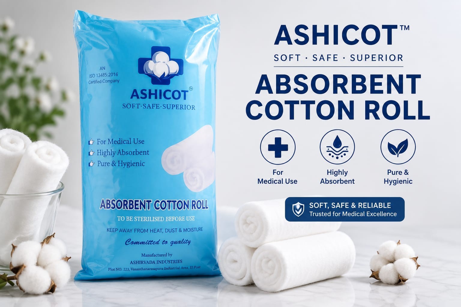 ASHICOT Absorbent Cotton Roll 100gm for Medical Use – 100% Pure, Soft & Non-Sterile for First Aid, Wound Dressing, Baby Cleaning, Clinics