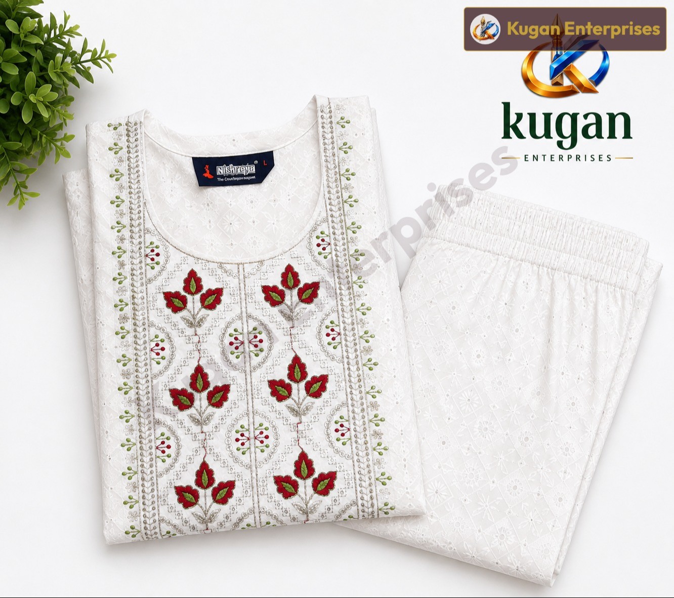 Women's White Embroidered Kurta & Straight Pant Set