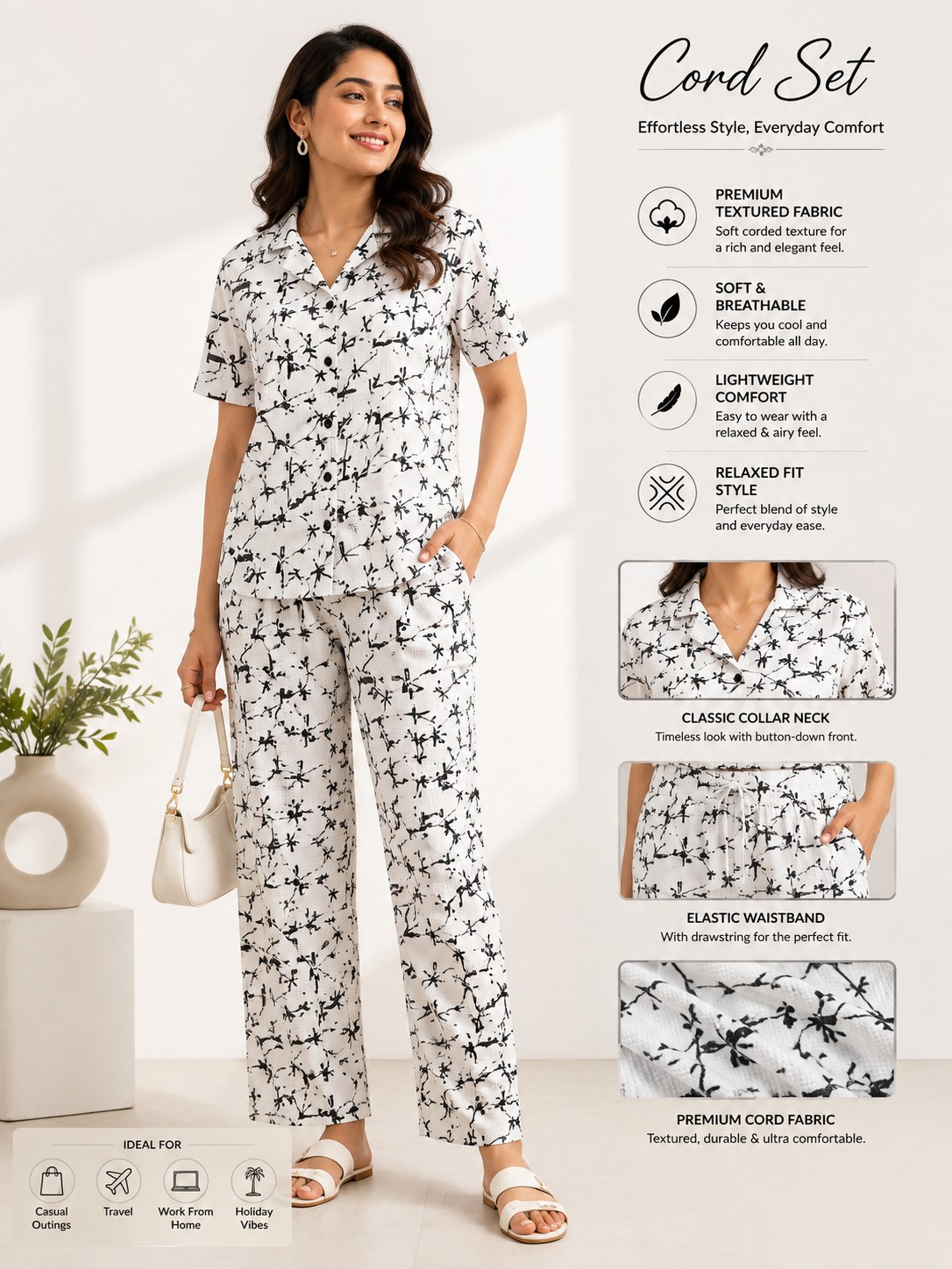 Women’s White & Black Printed Cord Set – Relaxed Fit