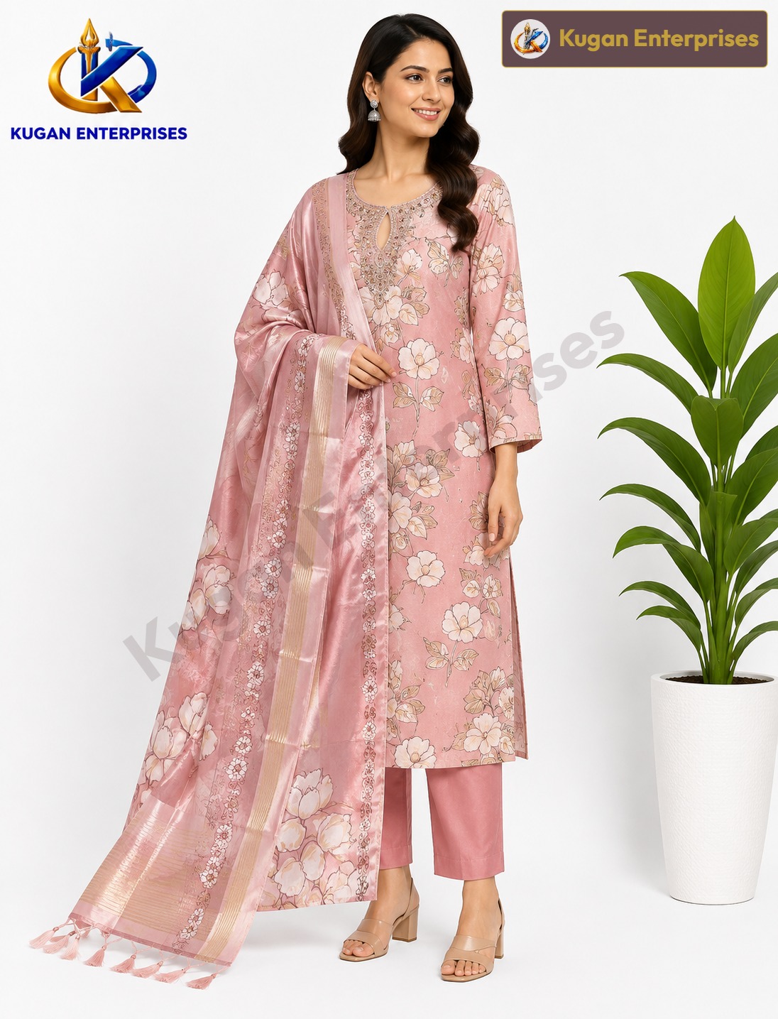 Dusty Pink Floral Embroidered Kurta Pant & Dupatta Set