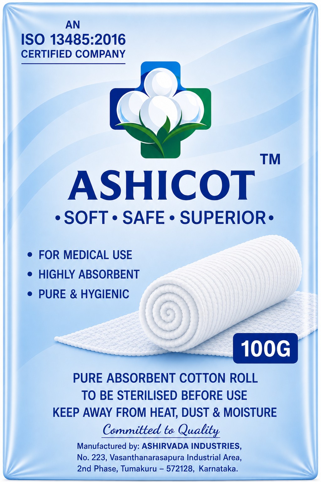 ASHICOT Absorbent Cotton Roll 100gm for Medical Use – 100% Pure, Soft & Non-Sterile for First Aid, Wound Dressing, Baby Cleaning, Clinics