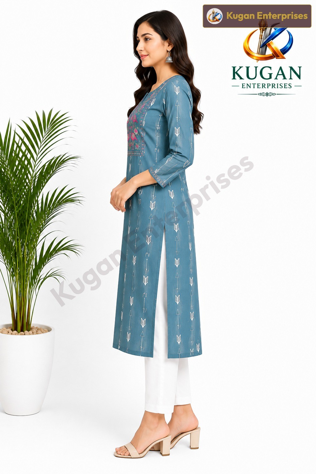 Teal Blue Flamingo Embroidered Rayon Kurta