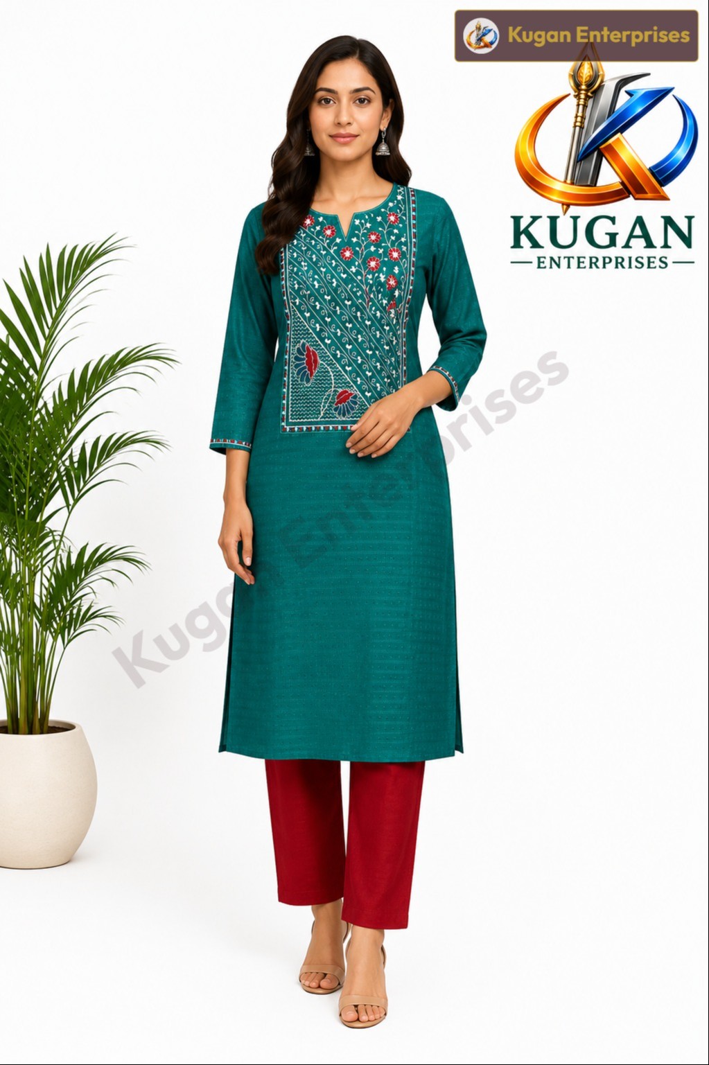 Teal Floral Embroidered Cotton Polyester Blend Straight Kurta