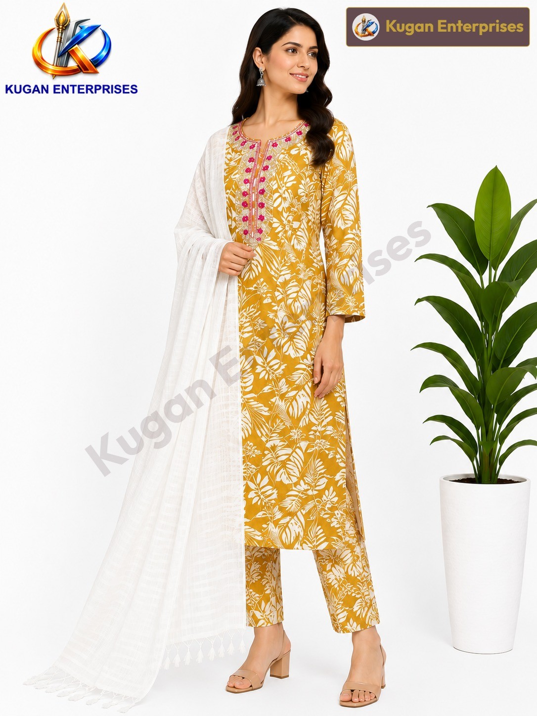 Mustard Floral Embroidered Kurta Set with Printed Pant & White Dupatta