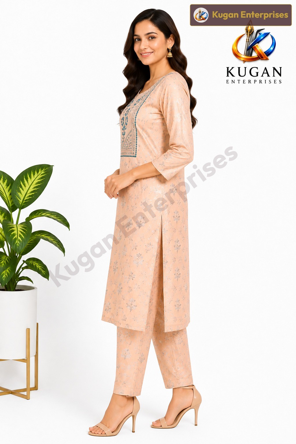Peach Floral Embroidered Straight Kurta with Matching Pant