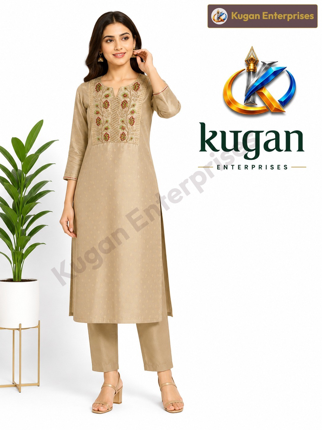 Beige Floral Embroidered Straight Kurta Pant Set