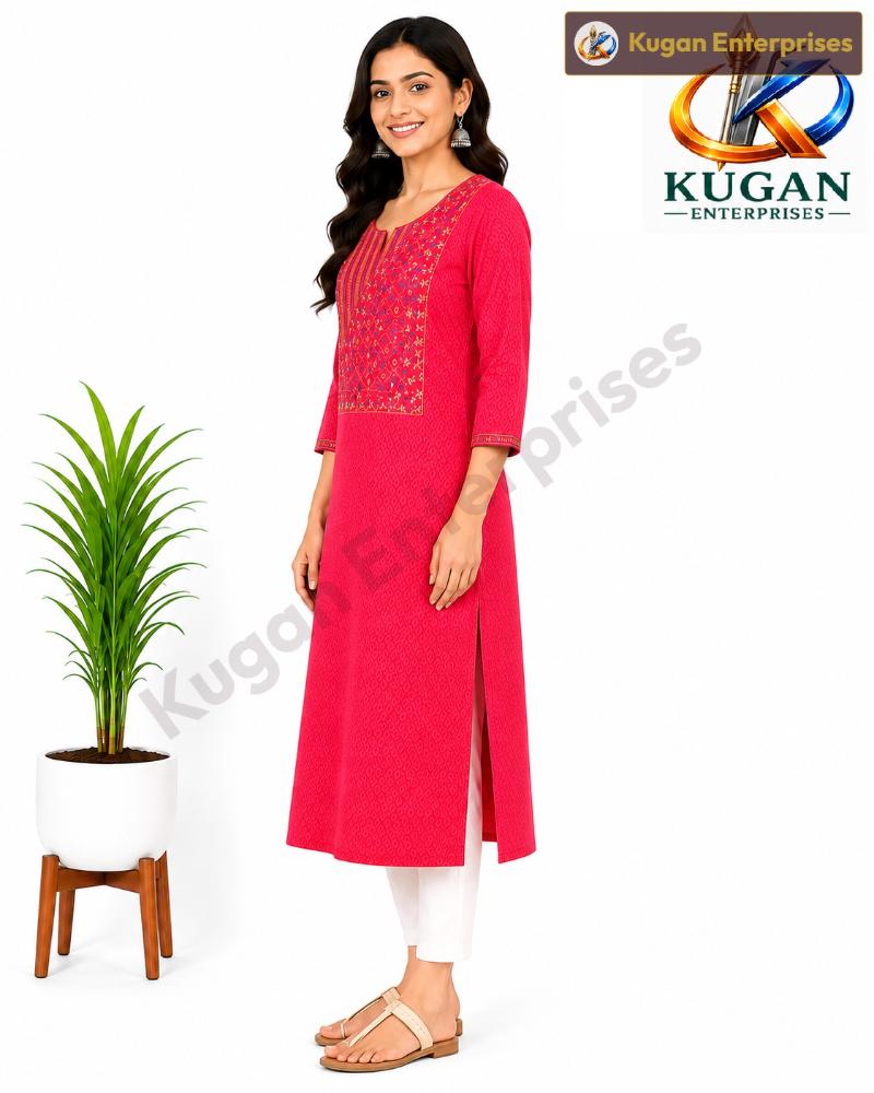 Rani Pink Geometric Embroidered Cotton-Polyester Kurti
