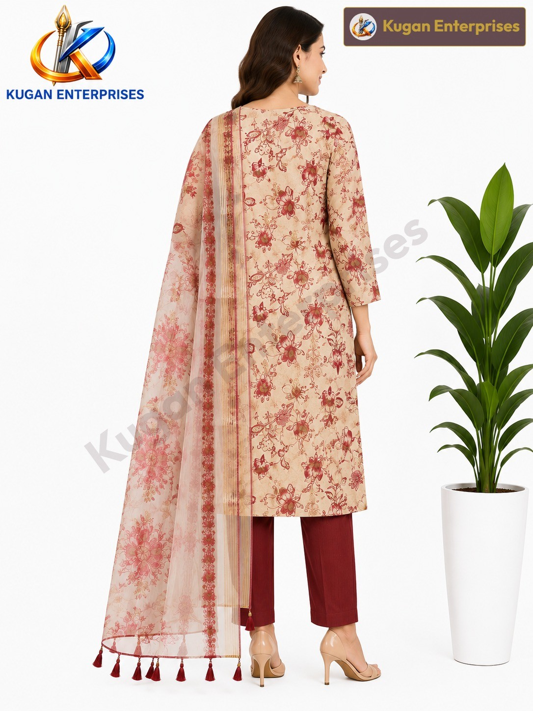 Women's Beige Floral Printed Embroidered Kurta Set with Printed Straight Pant & Organza Dupatta