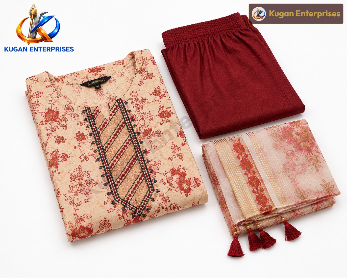 Women's Beige Floral Printed Embroidered Kurta Set with Printed Straight Pant & Organza Dupatta