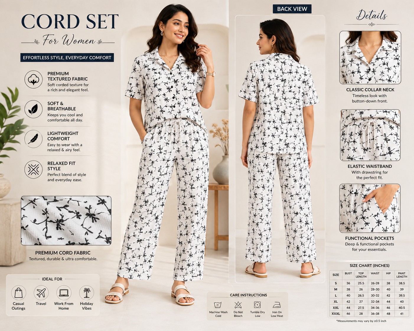 Women’s White & Black Printed Cord Set – Relaxed Fit