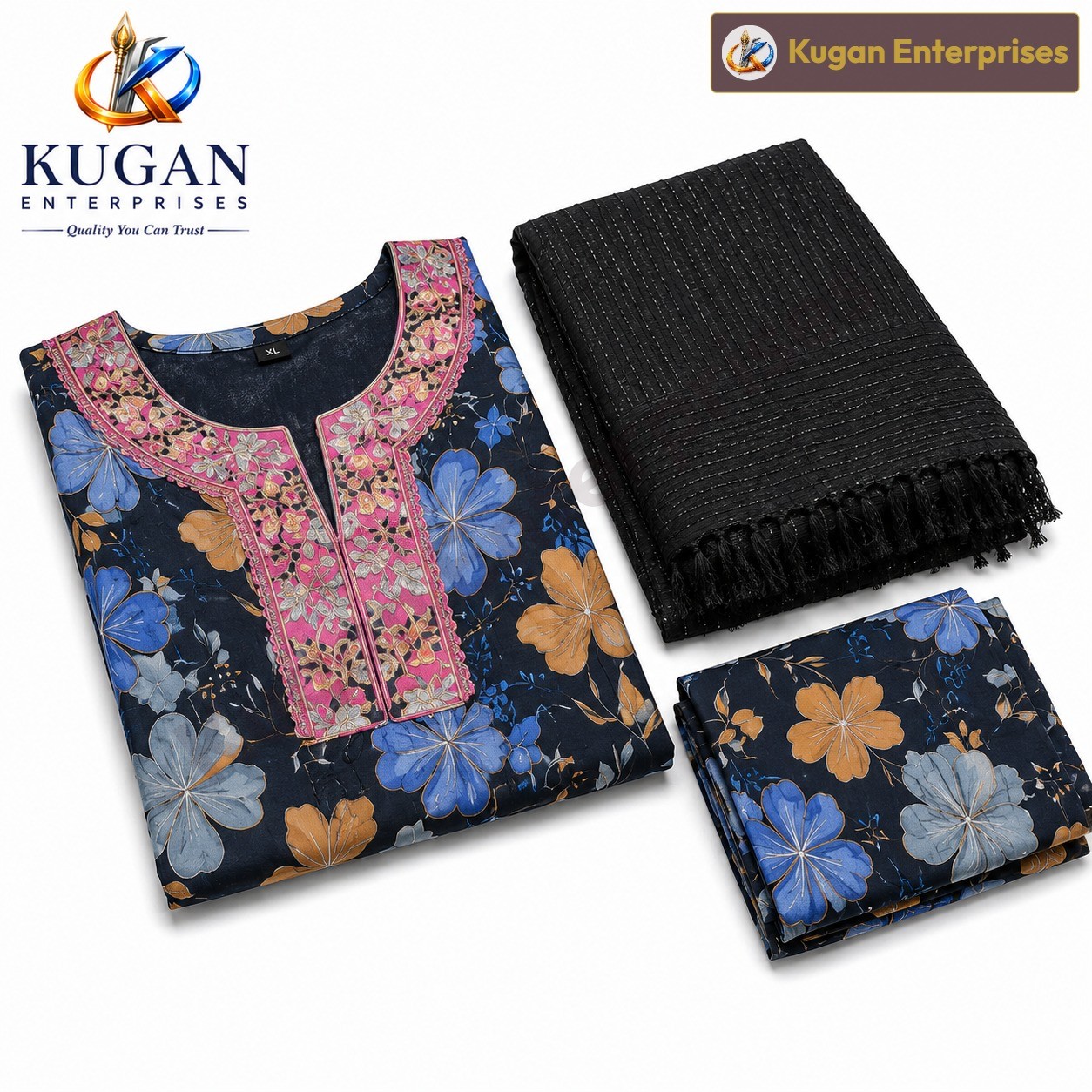 Women's Black Floral Printed Kurta Set with Printed Pants & Black Embroidery Sequence Dupatta