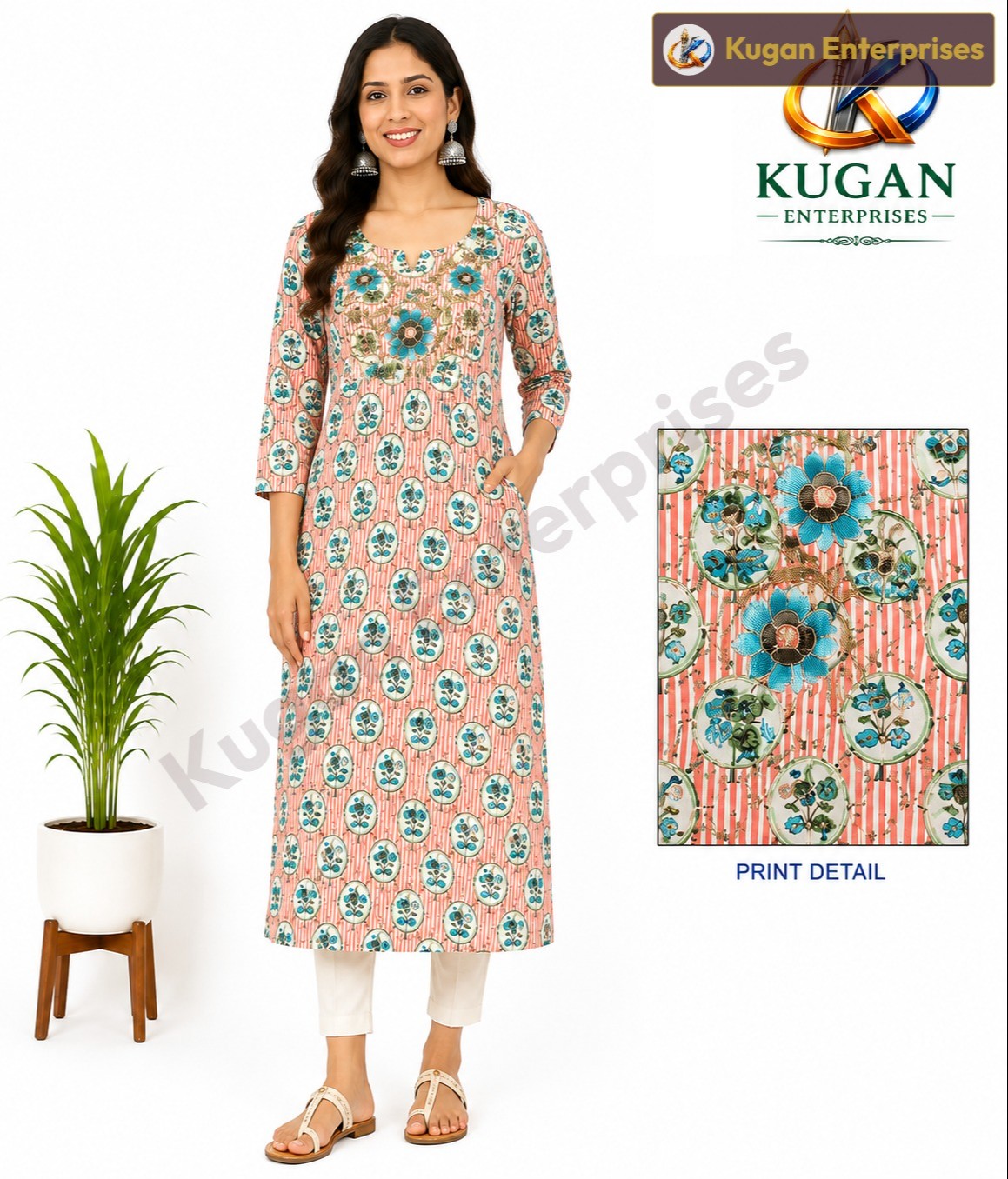 Coral Bloom Embroidered Printed Kurta