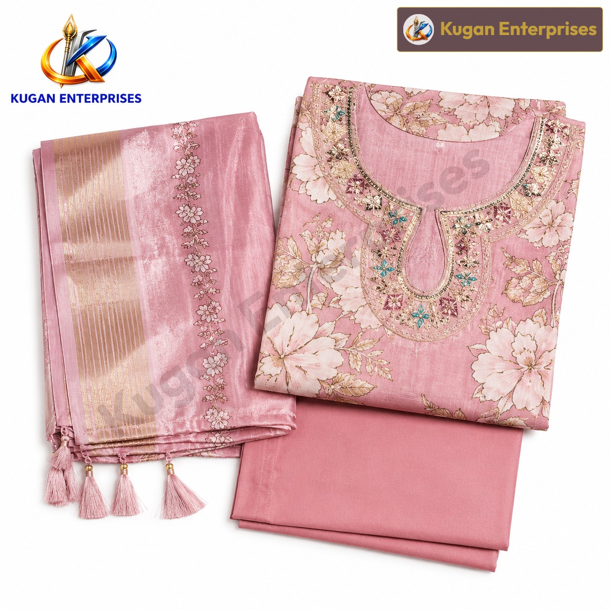 Dusty Pink Floral Embroidered Kurta Pant & Dupatta Set