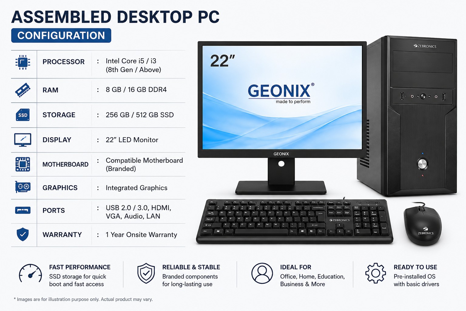Desktop PC – Intel Core i3 / i5 8th Gen | 8GB / 16GB RAM | 256 / 512GB SSD | 22" Monitor