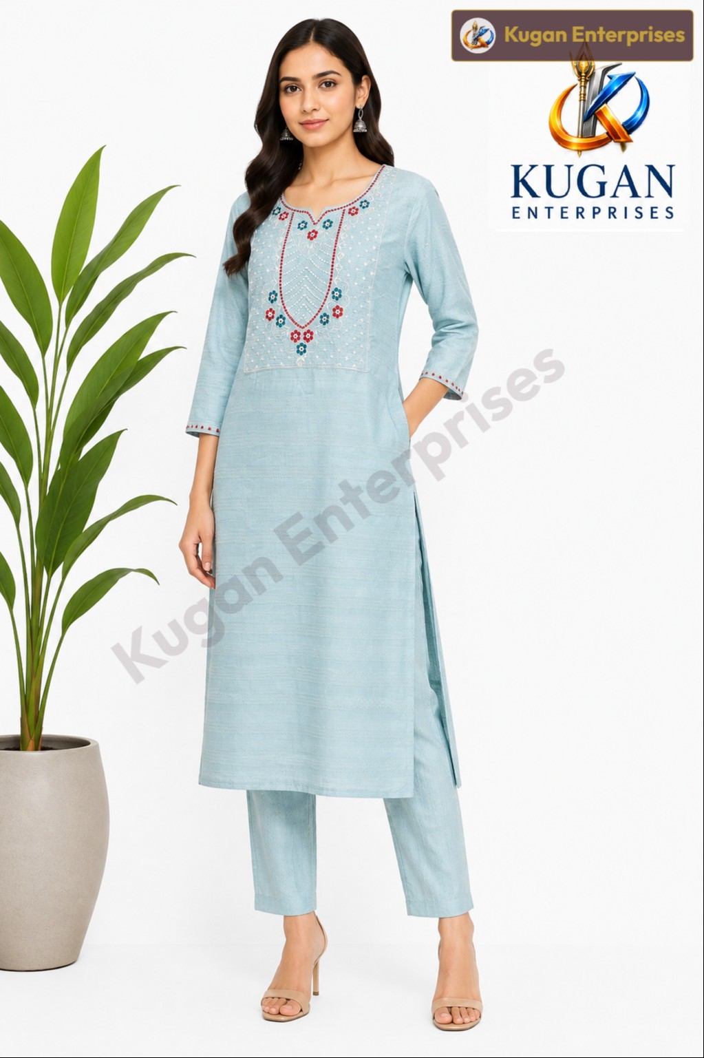 Sky Blue Floral Embroidered Kurta Set