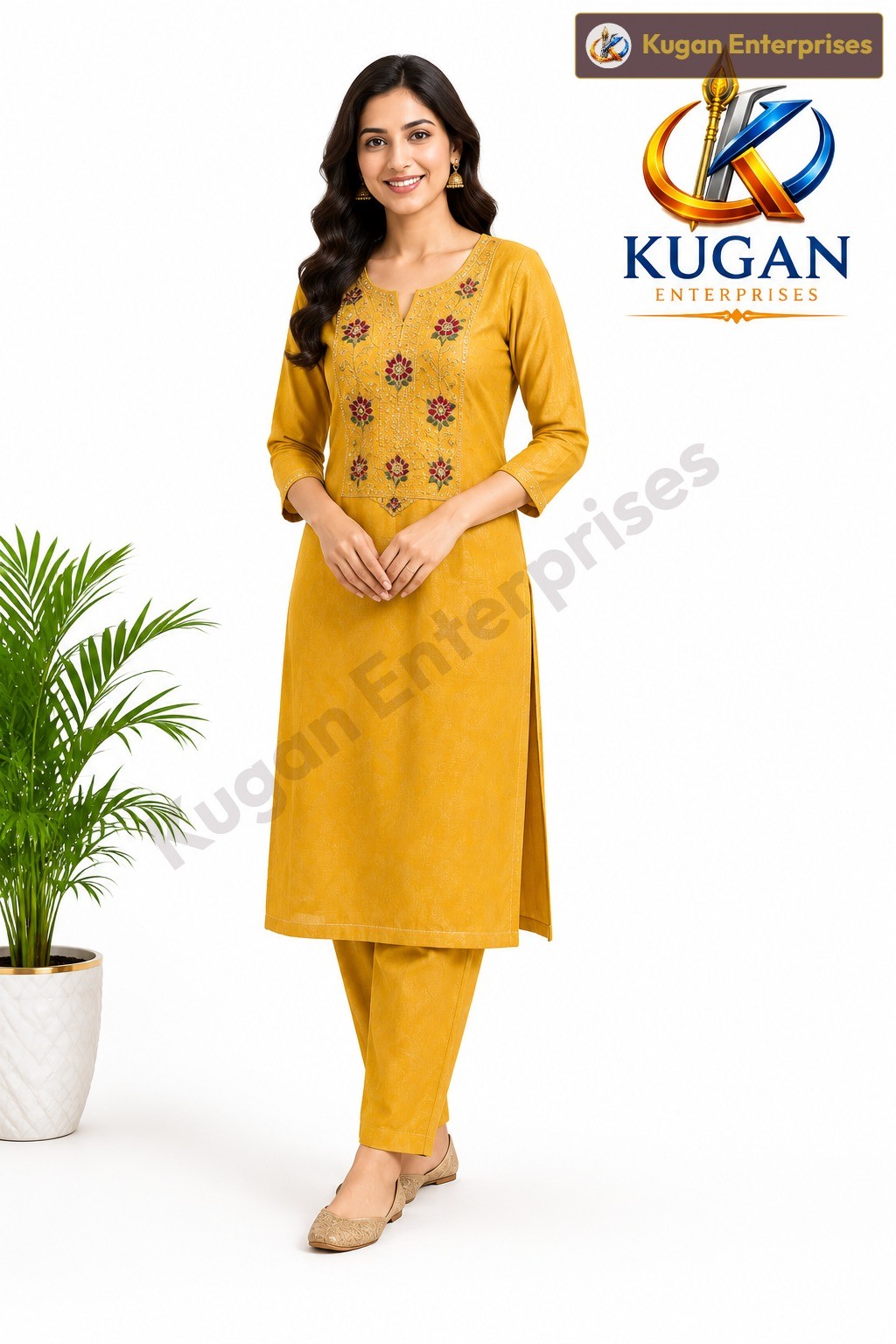 Women's Mustard Floral Embroidered Straight Kurta with Straight Pant
