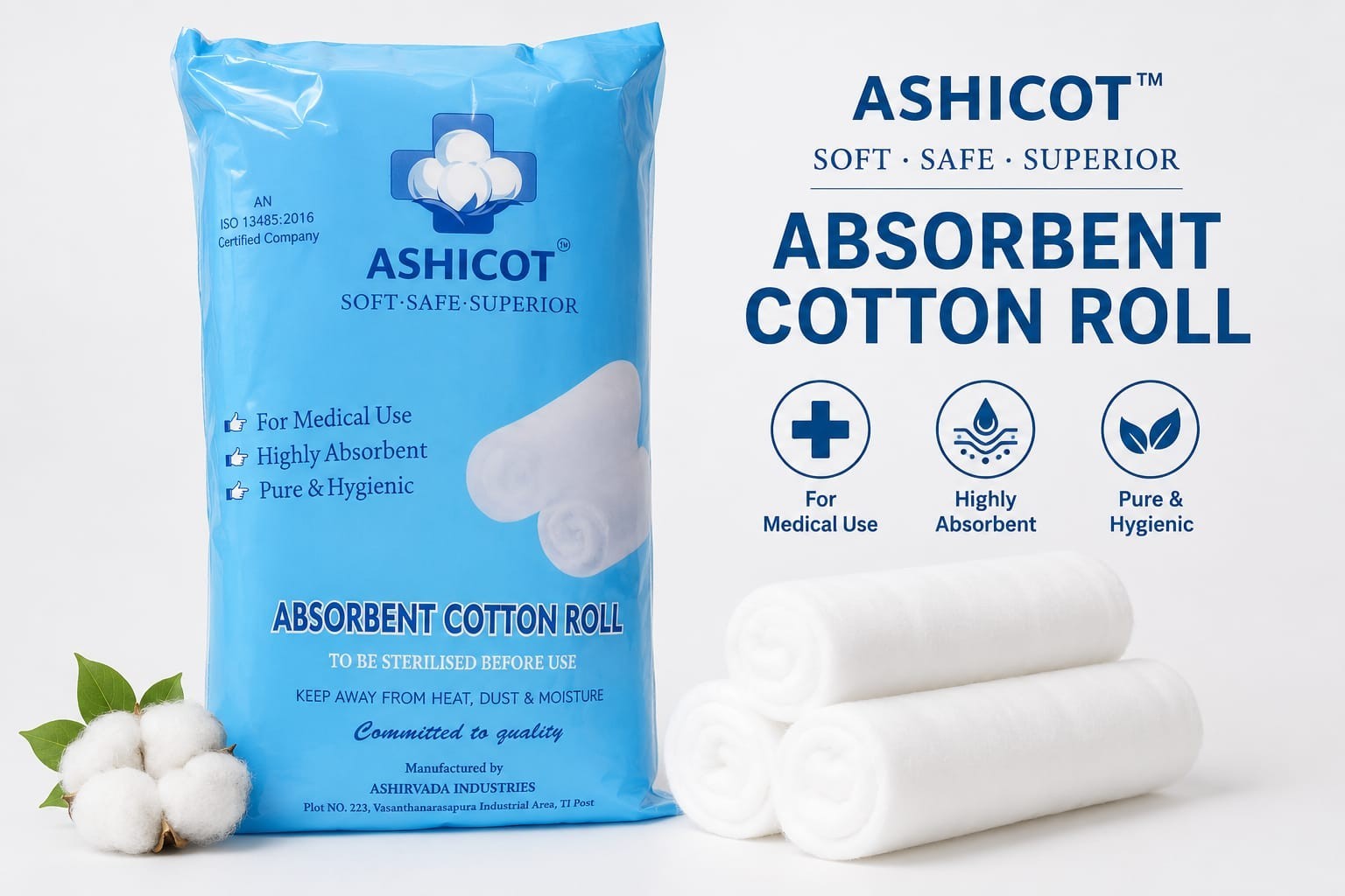 ASHICOT Absorbent Cotton Roll 25gm for Medical Use – 100% Pure, Soft & Non-Sterile for First Aid, Wound Dressing, Baby Cleaning, Clinics