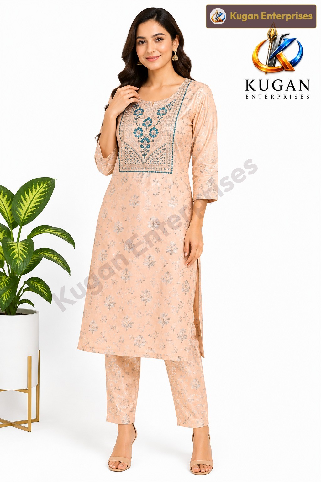 Peach Floral Embroidered Straight Kurta with Matching Pant