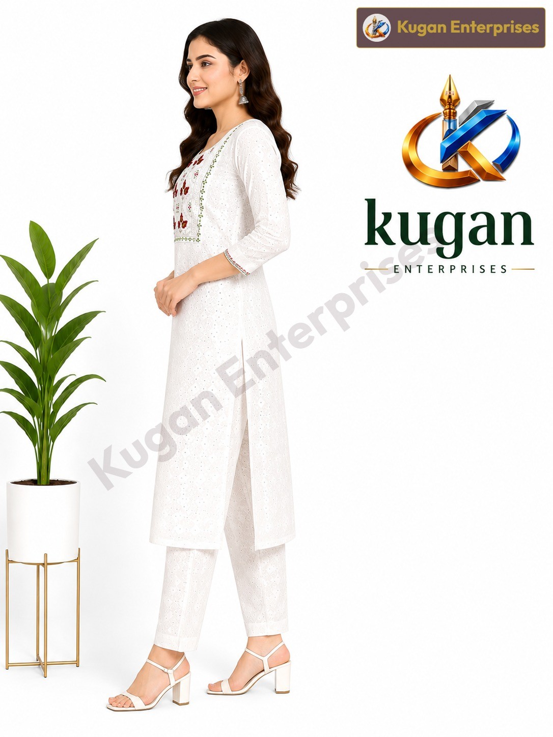 Women's White Embroidered Kurta & Straight Pant Set
