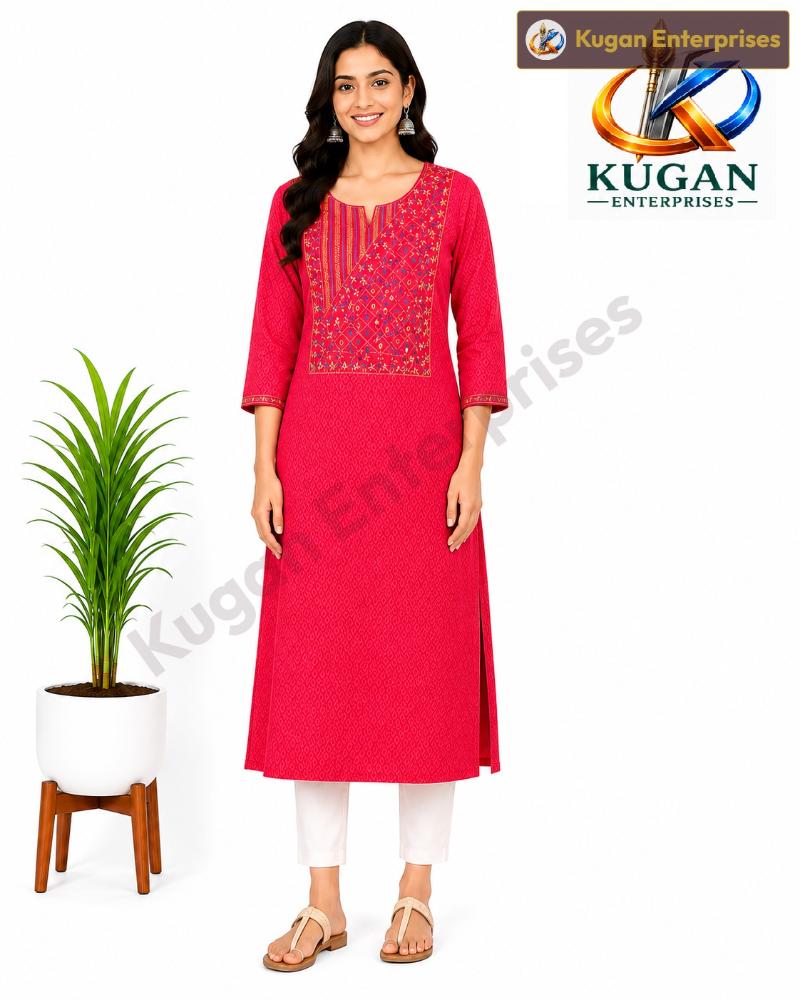 Rani Pink Geometric Embroidered Cotton-Polyester Kurti