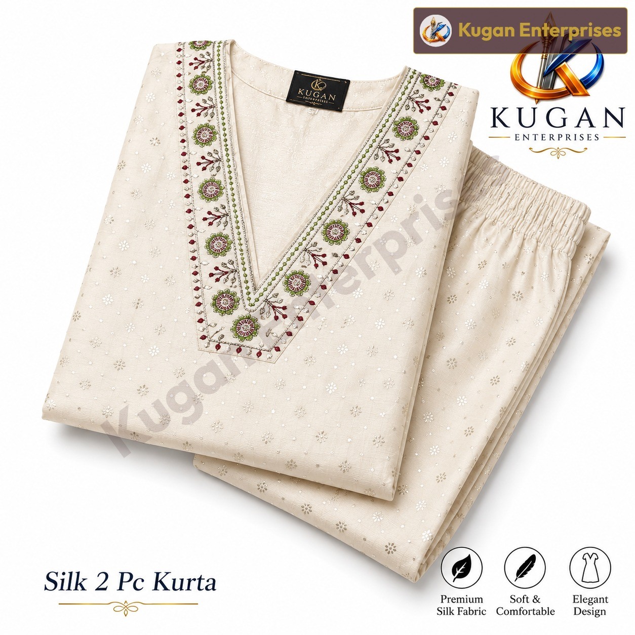 Premium Ivory Floral Embroidered Kurta with Matching Pant Set