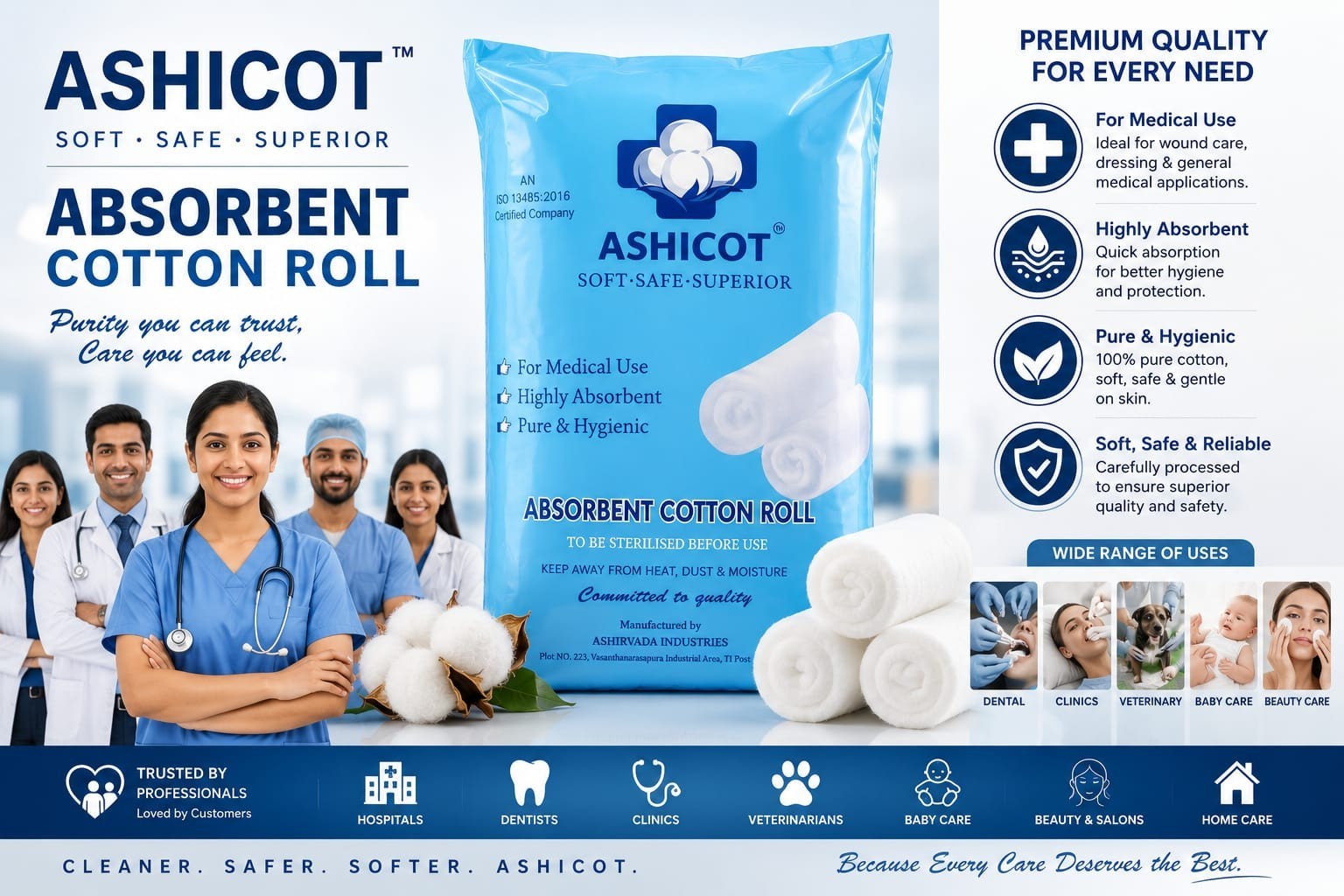 ASHICOT Absorbent Cotton Roll 100gm for Medical Use – 100% Pure, Soft & Non-Sterile for First Aid, Wound Dressing, Baby Cleaning, Clinics